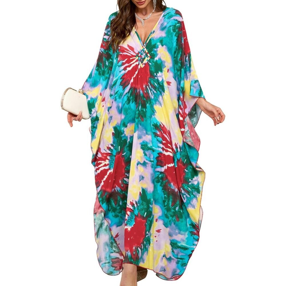 Womens Green Fireworks V-Neck Batwing Sleeves Summer Beach Cover Up Kaftan Dress